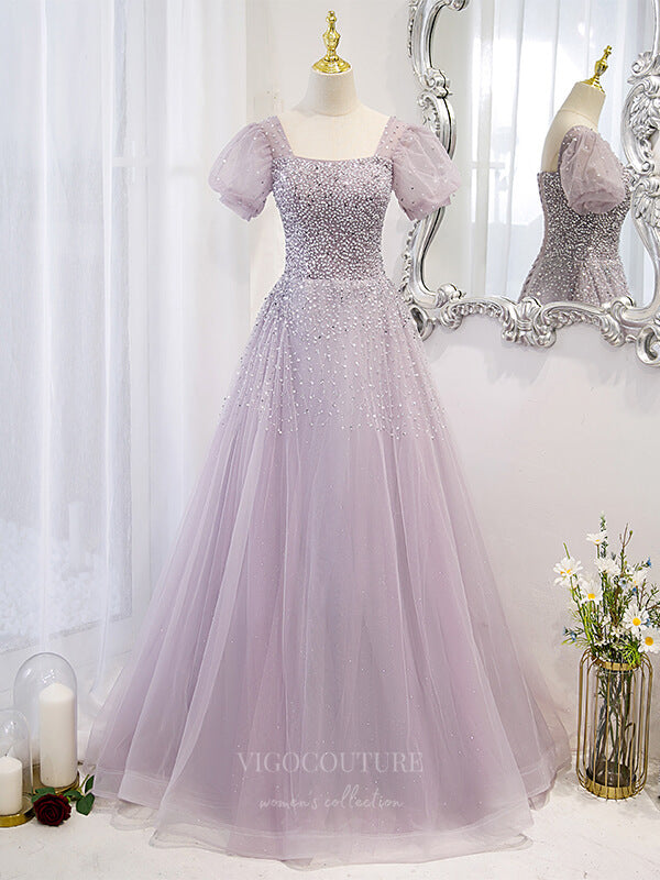 Prom Dress 2025 Mauve Sequin Beaded Tulle Puffed Sleeve Prom Dress 20880-unique elegant Prom Dresses-Mauve-Custom Size-vigocouture