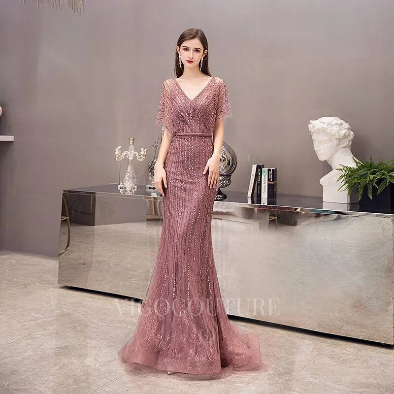 Prom Dress 2025 Mauve V-neck Beaded Mermaid Prom Dresses 20039-unique elegant Prom Dresses-Mauve-US2-vigocouture