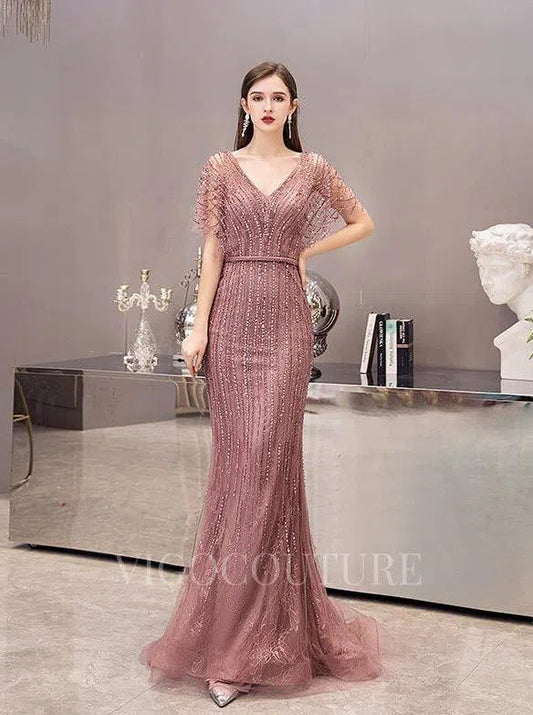 Prom Dress 2025 Mauve V-neck Beaded Mermaid Prom Dresses 20039-unique elegant Prom Dresses-Mauve-US2-vigocouture