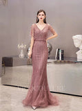 Mauve V-neck Beaded Mermaid Prom Dresses 20039