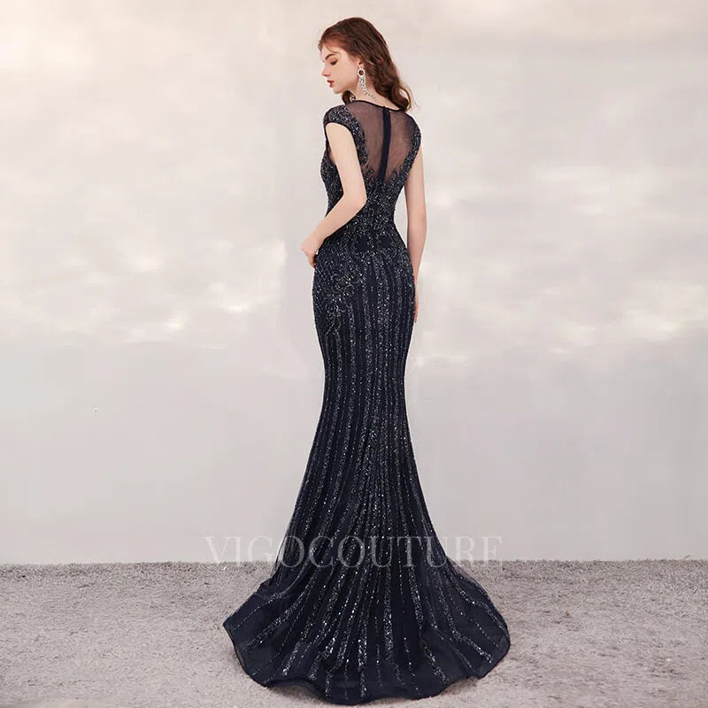 Prom Dress 2025 Mermaid Beaded Cap Sleeve Prom Dresses 20153-unique elegant Prom Dresses-Black-US2-vigocouture