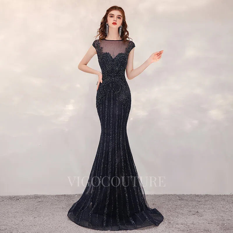 Mermaid Beaded Cap Sleeve Prom Dresses 20153 Black / US10 Mermaid Beaded Cap Sleeve Prom Dresses 20153 Black / US10