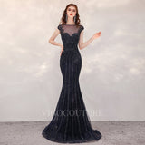 Prom Dress 2025 Mermaid Beaded Cap Sleeve Prom Dresses 20153-unique elegant Prom Dresses-Black-US2-vigocouture