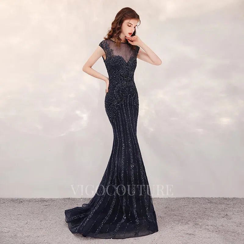 Prom Dress 2025 Mermaid Beaded Cap Sleeve Prom Dresses 20153-unique elegant Prom Dresses-Black-US2-vigocouture