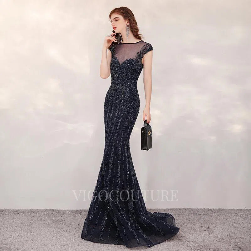 Prom Dress 2025 Mermaid Beaded Cap Sleeve Prom Dresses 20153-unique elegant Prom Dresses-Black-US2-vigocouture