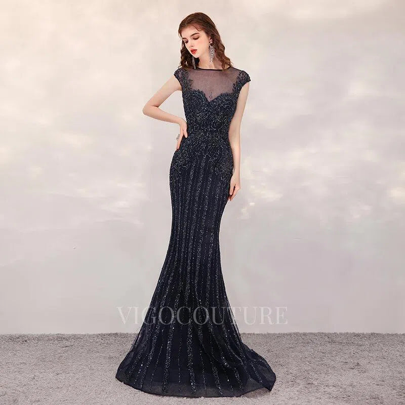 Prom Dress 2025 Mermaid Beaded Cap Sleeve Prom Dresses 20153-unique elegant Prom Dresses-Black-US2-vigocouture