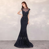 Prom Dress 2025 Mermaid Beaded Cap Sleeve Prom Dresses 20153-unique elegant Prom Dresses-Black-US2-vigocouture