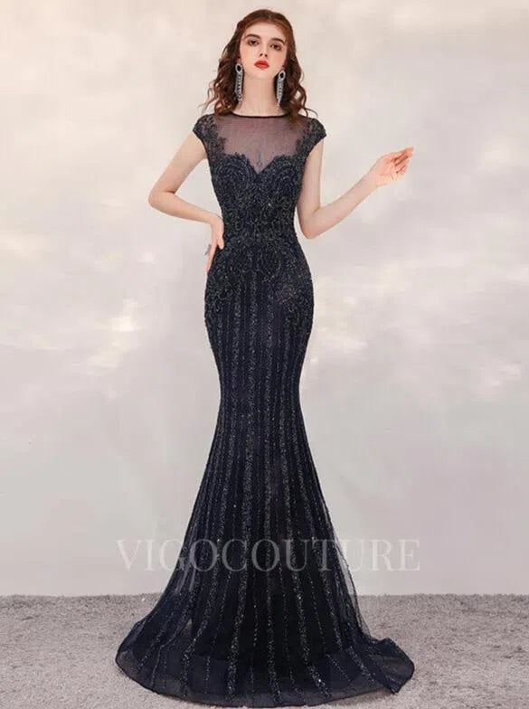 Prom Dress 2025 Mermaid Beaded Cap Sleeve Prom Dresses 20153-unique elegant Prom Dresses-Black-US2-vigocouture