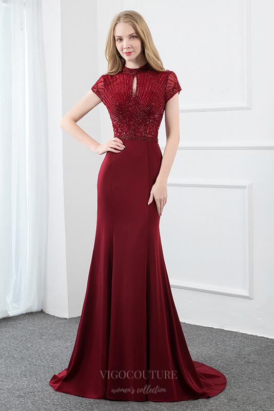 Prom Dress 2025 Mermaid Beaded High Neck Cap Sleeve Prom Dress 20749-unique elegant Prom Dresses-Red-US2-vigocouture