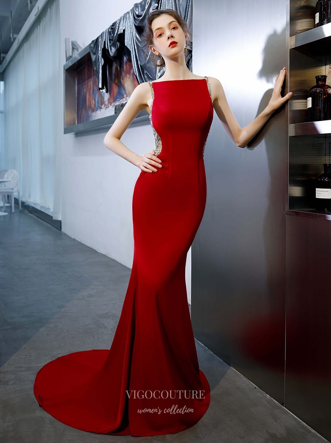 Prom Dress 2025 Mermaid Beaded Prom Dress 20216-unique elegant Prom Dresses-Red-US2-vigocouture