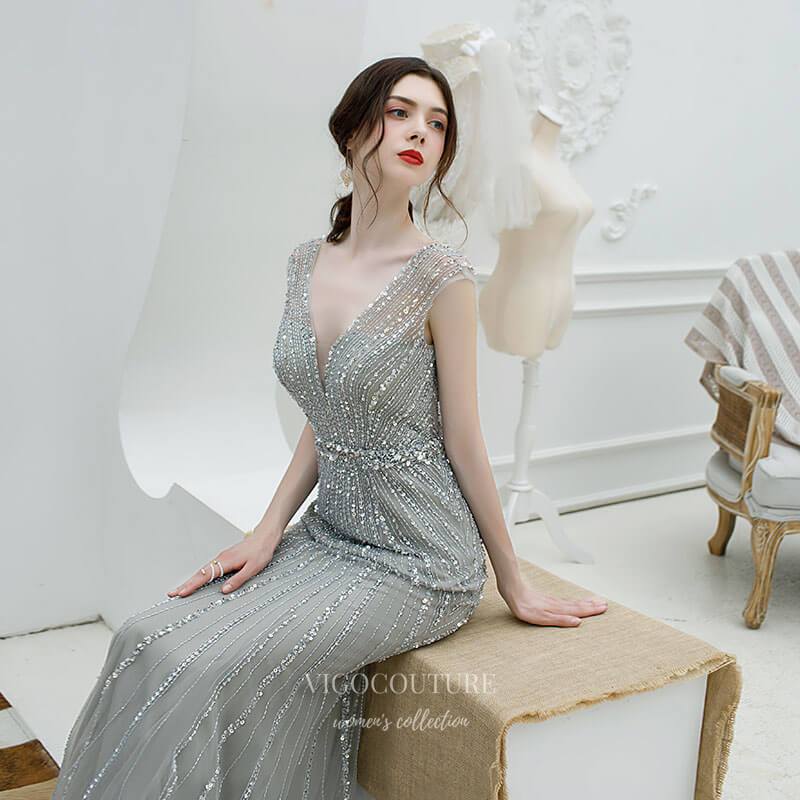 Prom Dress 2025 Mermaid Beaded Prom Dress 20219-unique elegant Prom Dresses-Grey-US2-vigocouture