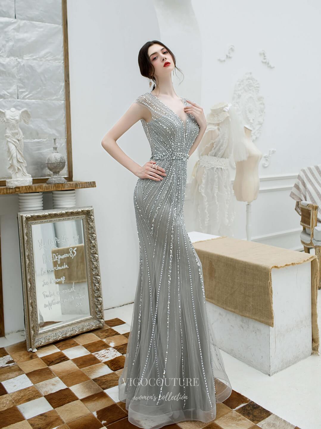 Prom Dress 2025 Mermaid Beaded Prom Dress 20219-unique elegant Prom Dresses-Grey-US2-vigocouture