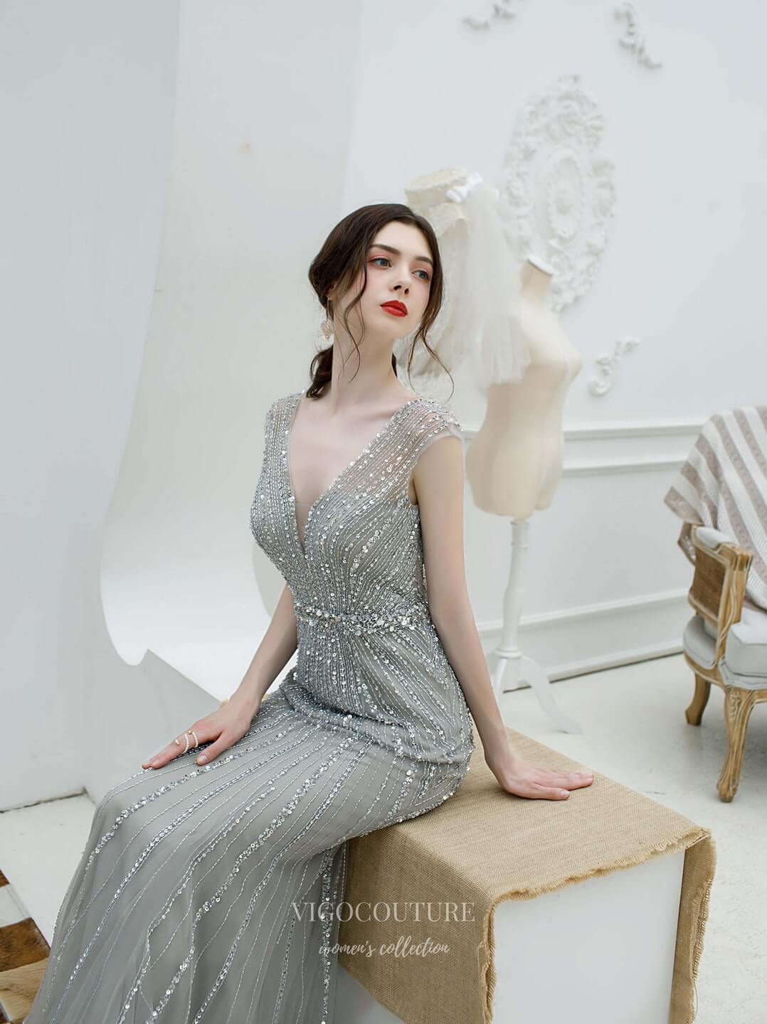 Prom Dress 2025 Mermaid Beaded Prom Dress 20219-unique elegant Prom Dresses-Grey-US2-vigocouture