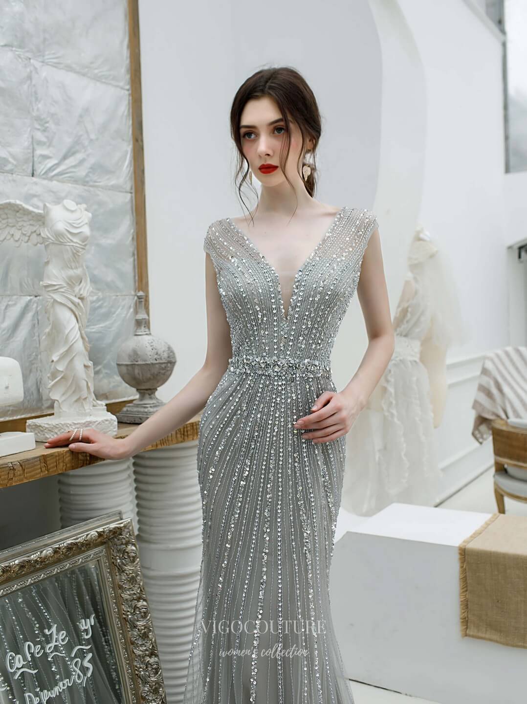 Prom Dress 2025 Mermaid Beaded Prom Dress 20219-unique elegant Prom Dresses-Grey-US2-vigocouture