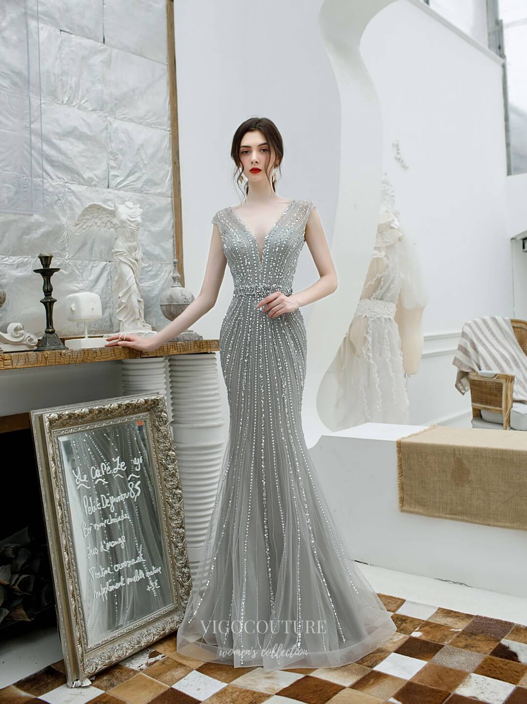 Prom Dress 2025 Mermaid Beaded Prom Dress 20219-unique elegant Prom Dresses-Grey-US2-vigocouture