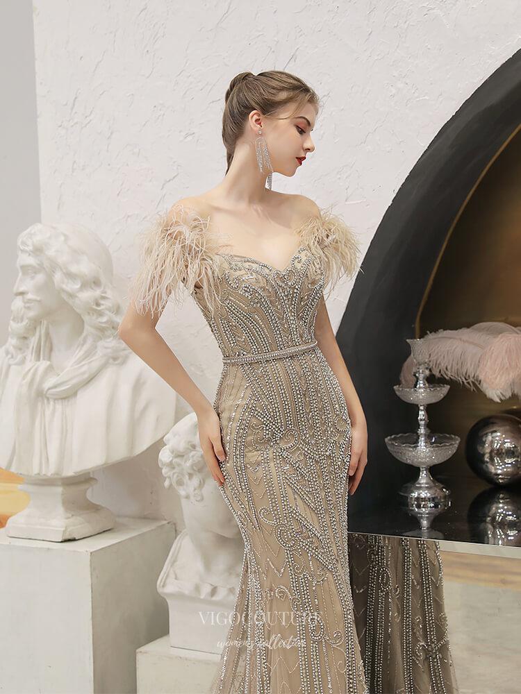 Prom Dress 2025 Mermaid Beaded Prom Dress 20234-unique elegant Prom Dresses-Khaki-US2-vigocouture