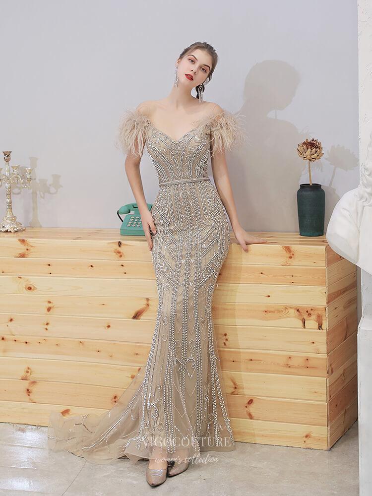 Prom Dress 2025 Mermaid Beaded Prom Dress 20234-unique elegant Prom Dresses-Khaki-US2-vigocouture