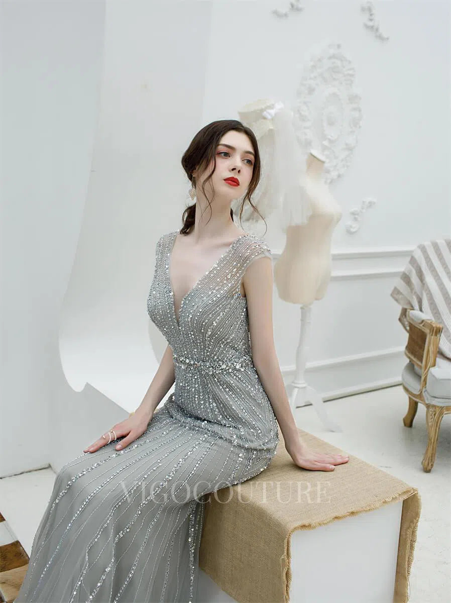 Prom Dress 2025 Mermaid Beaded Prom Dresses Plunging V-Neck Cap Sleeve Prom Gown 20219-unique elegant Prom Dresses-Grey-US2-vigocouture