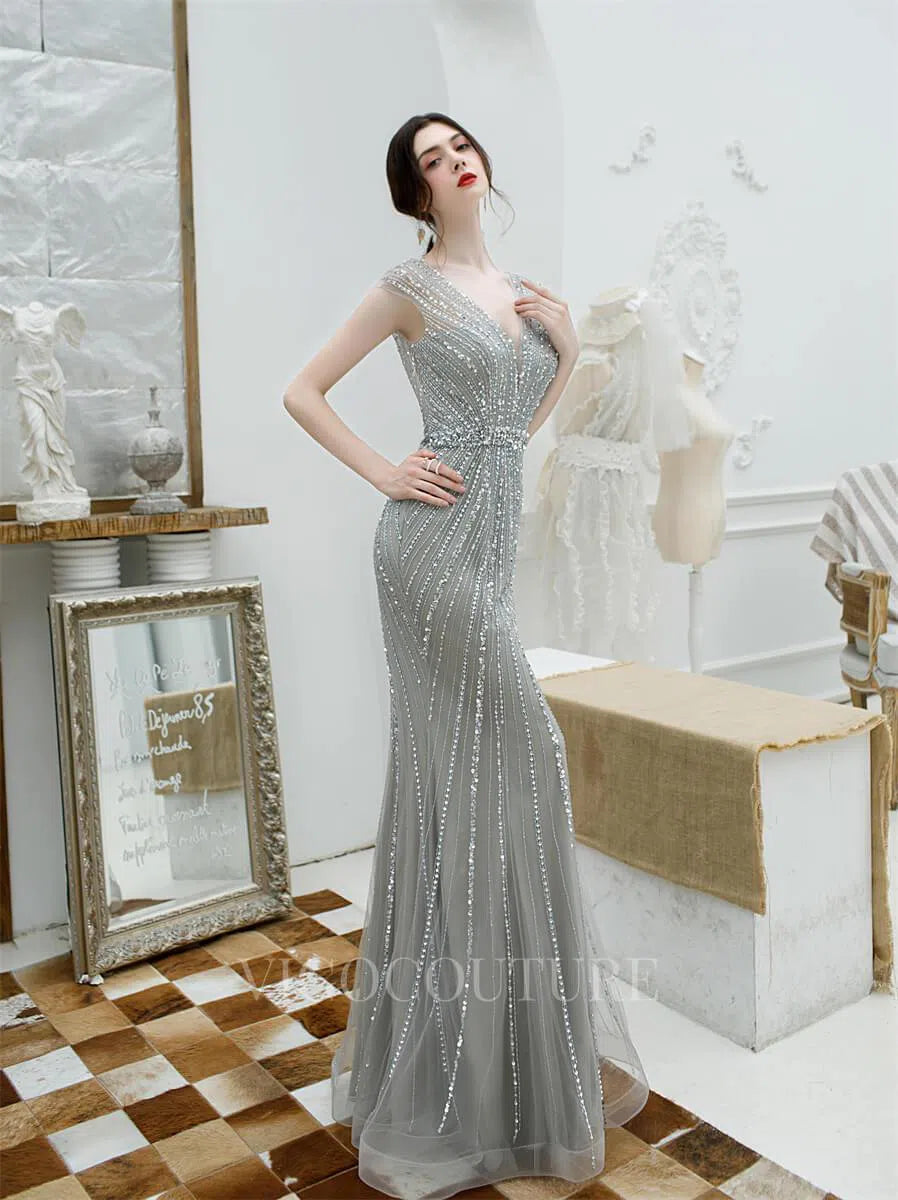 Prom Dress 2025 Mermaid Beaded Prom Dresses Plunging V-Neck Cap Sleeve Prom Gown 20219-unique elegant Prom Dresses-Grey-US2-vigocouture