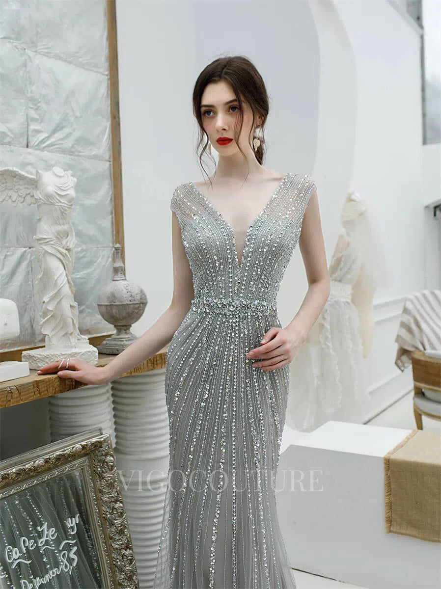 Prom Dress 2025 Mermaid Beaded Prom Dresses Plunging V-Neck Cap Sleeve Prom Gown 20219-unique elegant Prom Dresses-Grey-US2-vigocouture