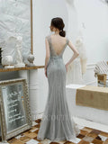 Prom Dress 2025 Mermaid Beaded Prom Dresses Plunging V-Neck Cap Sleeve Prom Gown 20219-unique elegant Prom Dresses-Grey-US2-vigocouture