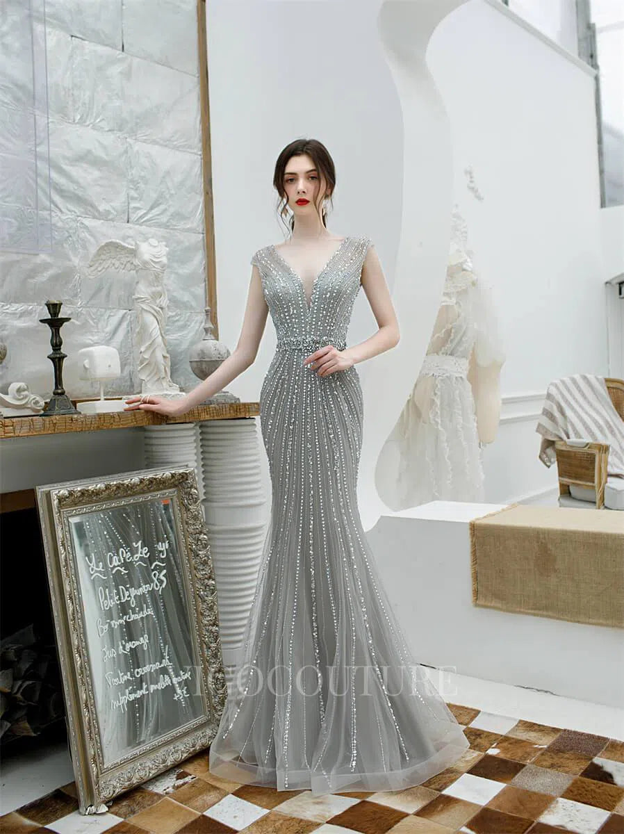 Prom Dress 2025 Mermaid Beaded Prom Dresses Plunging V-Neck Cap Sleeve Prom Gown 20219-unique elegant Prom Dresses-Grey-US2-vigocouture