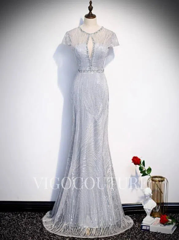 Prom Dress 2025 Mermaid Beaded Prom Dresses Round Neck Cap Sleeve Prom Gown 20269-unique elegant Prom Dresses-Grey-US2-vigocouture