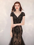 Prom Dress 2025 Mermaid Beaded Short Sleeve Prom Dresses 20134-unique elegant Prom Dresses-Black-US2-vigocouture