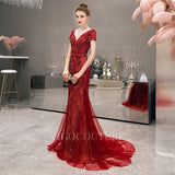 Prom Dress 2025 Mermaid Beaded Short Sleeve Prom Dresses 20134-unique elegant Prom Dresses-Red-US2-vigocouture