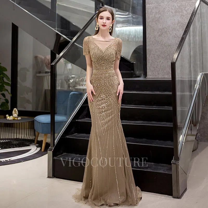 Prom Dress 2025 Mermaid Boatneck Beaded Prom Dresses 20007-unique elegant Prom Dresses-Mocha-US2-vigocouture