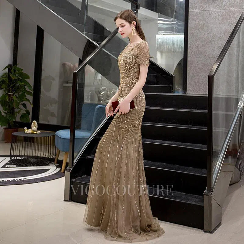 Prom Dress 2025 Mermaid Boatneck Beaded Prom Dresses 20007-unique elegant Prom Dresses-Mocha-US2-vigocouture