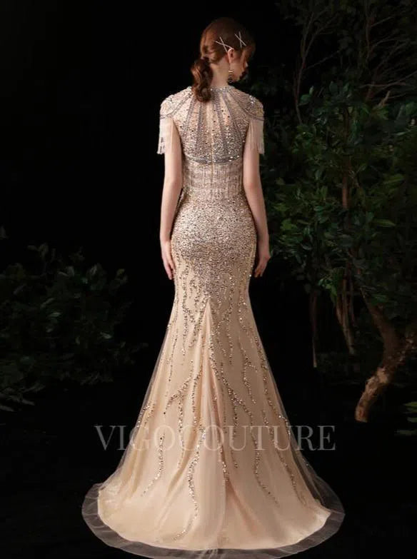 Prom Dress 2025 Mermaid Boatneck Prom Dresses Beaded Short Sleeve Evening Dresses 20105-unique elegant Prom Dresses-Champagne-US2-vigocouture