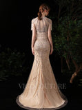 Prom Dress 2025 Mermaid Boatneck Prom Dresses Beaded Short Sleeve Evening Dresses 20105-unique elegant Prom Dresses-Champagne-US2-vigocouture