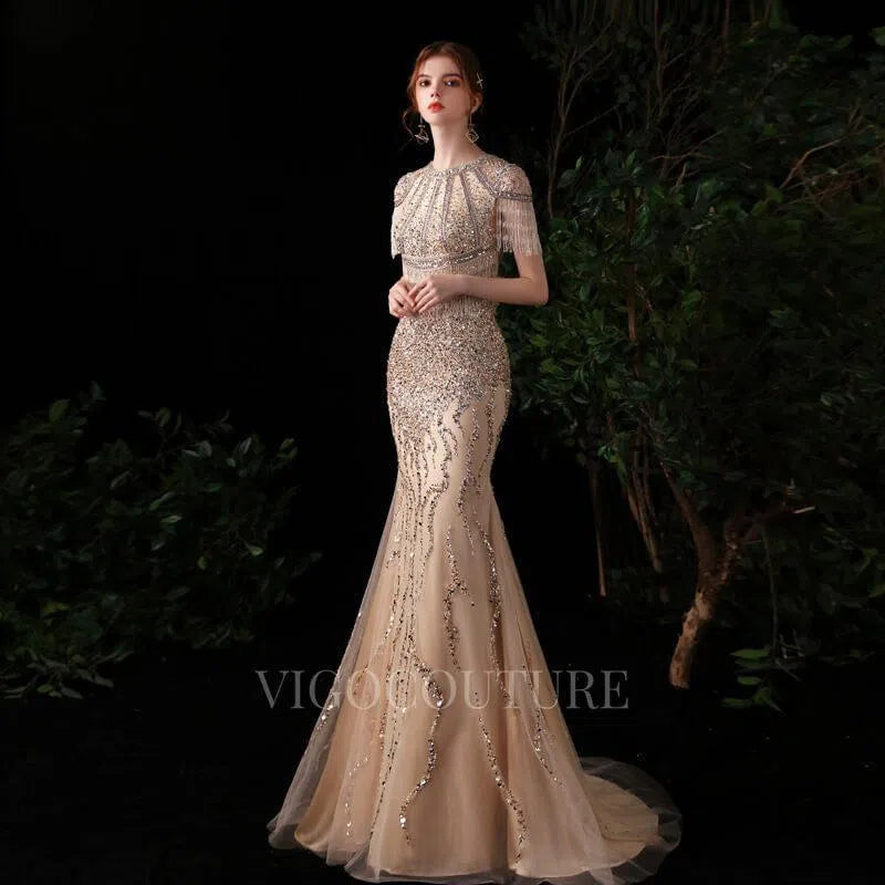 Mermaid Boatneck Prom Dresses Beaded Short Sleeve Evening Dresses 20105 Champagne / US16 Mermaid Boatneck Prom Dresses Beaded Short Sleeve Evening Dresses 20105 Champagne / US16