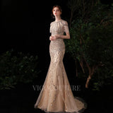 Prom Dress 2025 Mermaid Boatneck Prom Dresses Beaded Short Sleeve Evening Dresses 20105-unique elegant Prom Dresses-Champagne-US2-vigocouture