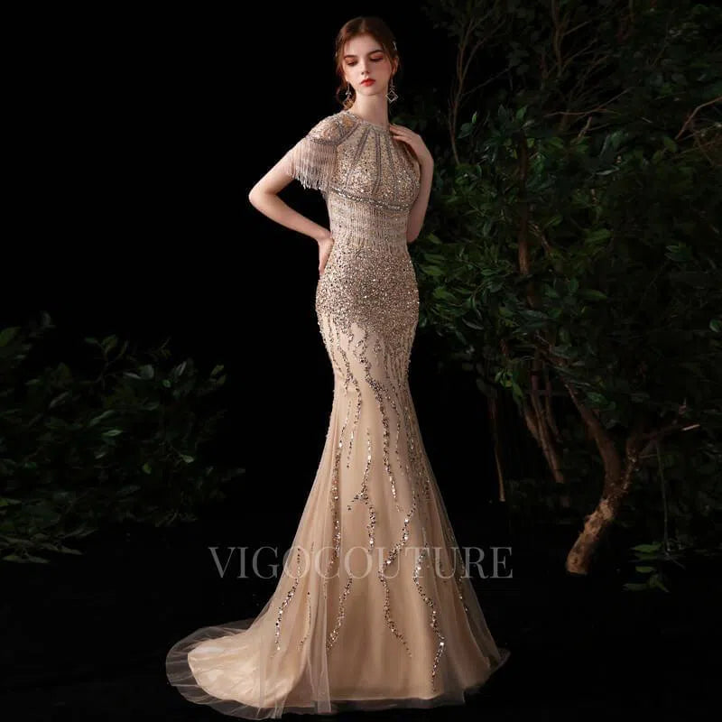 Prom Dress 2025 Mermaid Boatneck Prom Dresses Beaded Short Sleeve Evening Dresses 20105-unique elegant Prom Dresses-Champagne-US2-vigocouture