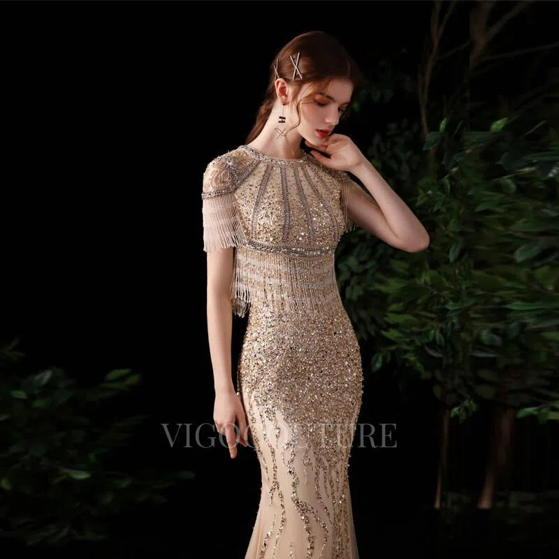 Prom Dress 2025 Mermaid Boatneck Prom Dresses Beaded Short Sleeve Evening Dresses 20105-unique elegant Prom Dresses-Champagne-US2-vigocouture