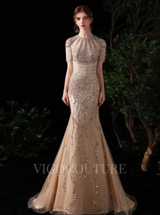 Prom Dress 2025 Mermaid Boatneck Prom Dresses Beaded Short Sleeve Evening Dresses 20105-unique elegant Prom Dresses-Champagne-US2-vigocouture