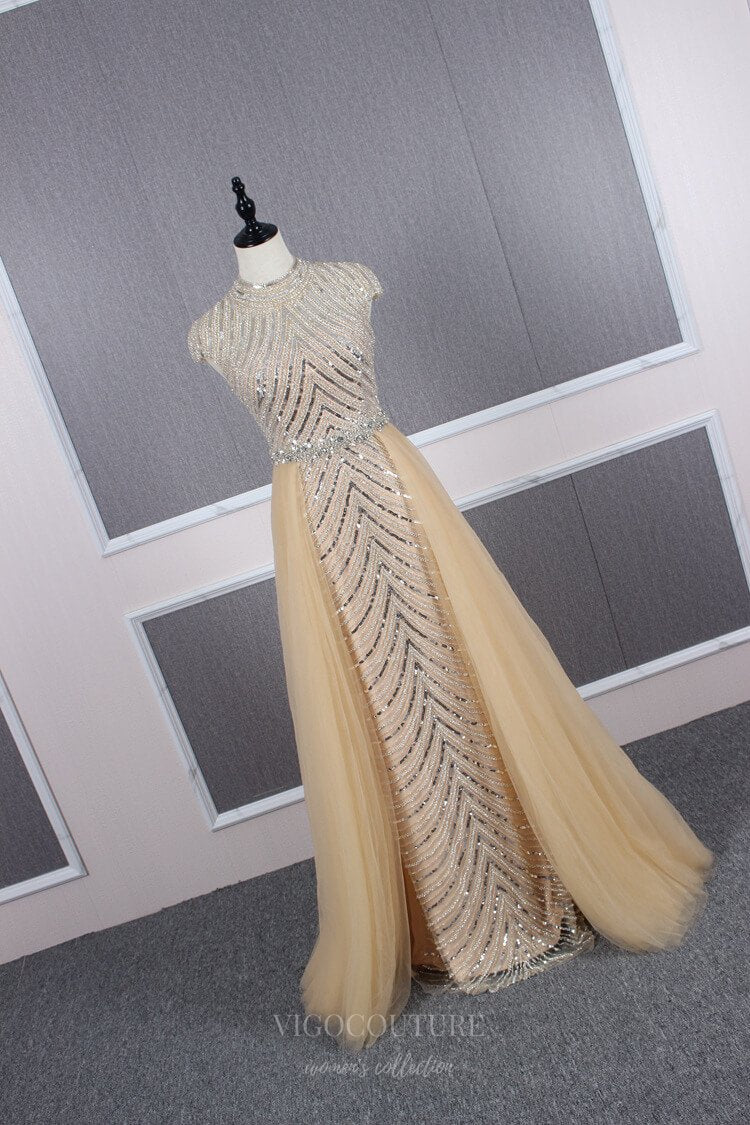 Prom Dress 2025 Mermaid High Neck Beaded Prom Dress 20688-unique elegant Prom Dresses-Champagne-US2-vigocouture