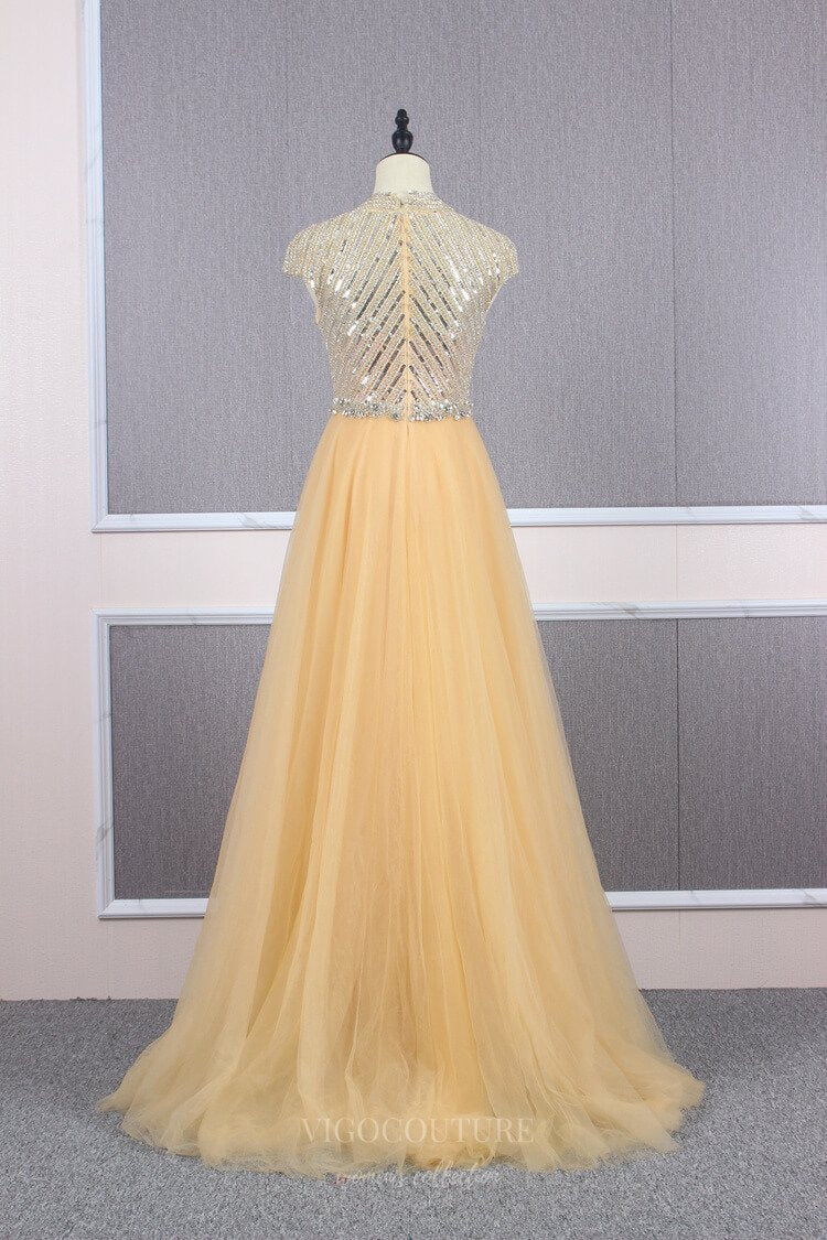 Prom Dress 2025 Mermaid High Neck Beaded Prom Dress 20688-unique elegant Prom Dresses-Champagne-US2-vigocouture