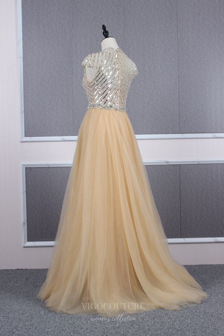 Prom Dress 2025 Mermaid High Neck Beaded Prom Dress 20688-unique elegant Prom Dresses-Champagne-US2-vigocouture