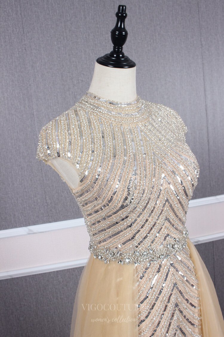 Prom Dress 2025 Mermaid High Neck Beaded Prom Dress 20688-unique elegant Prom Dresses-Champagne-US2-vigocouture