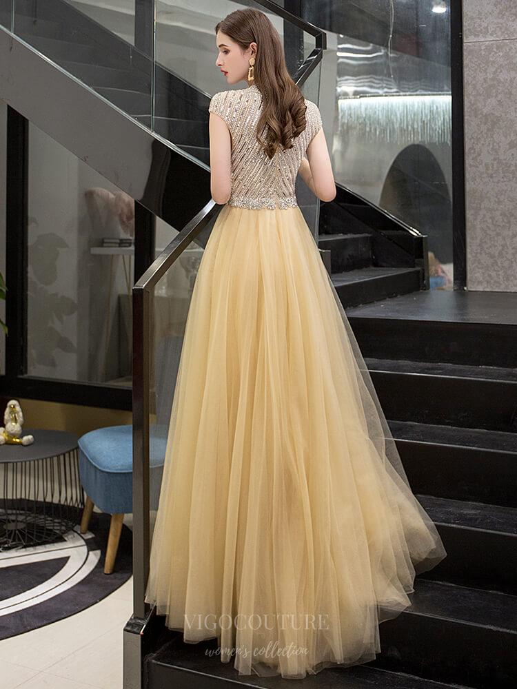 Prom Dress 2025 Mermaid High Neck Beaded Prom Dress 20688-unique elegant Prom Dresses-Champagne-US2-vigocouture