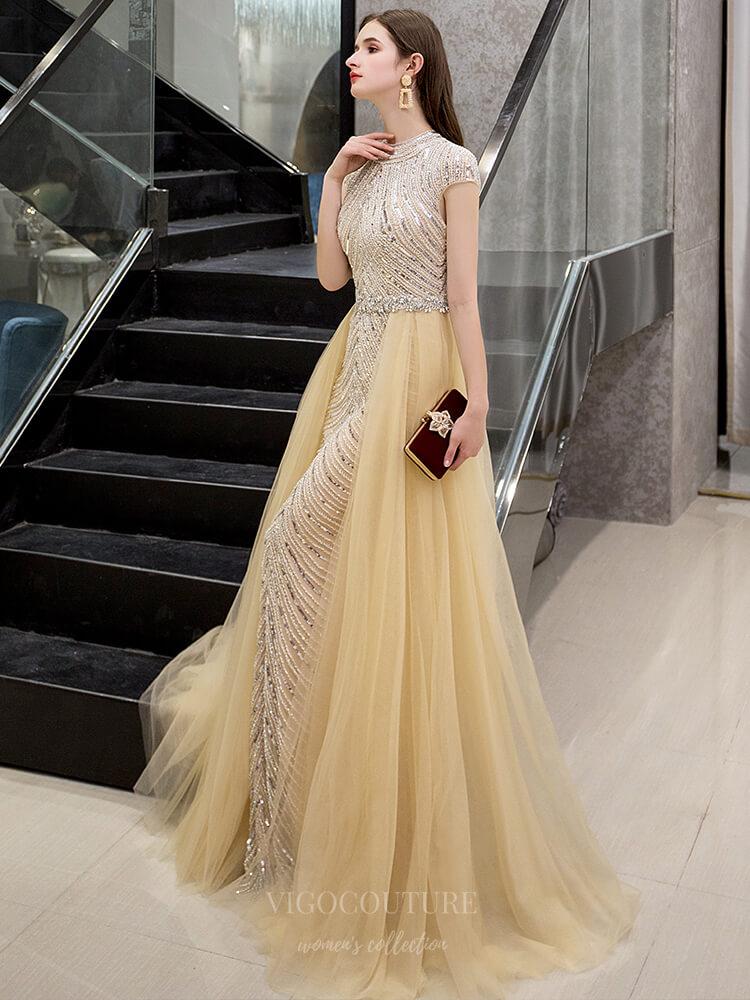 Prom Dress 2025 Mermaid High Neck Beaded Prom Dress 20688-unique elegant Prom Dresses-Champagne-US2-vigocouture