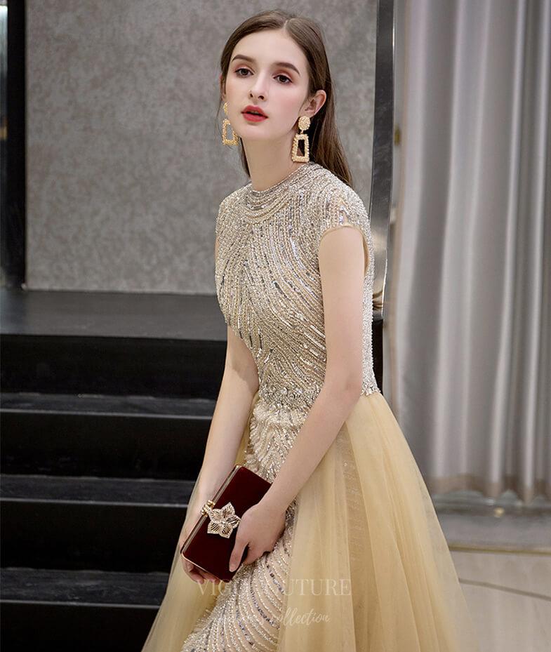 Prom Dress 2025 Mermaid High Neck Beaded Prom Dress 20688-unique elegant Prom Dresses-Champagne-US2-vigocouture