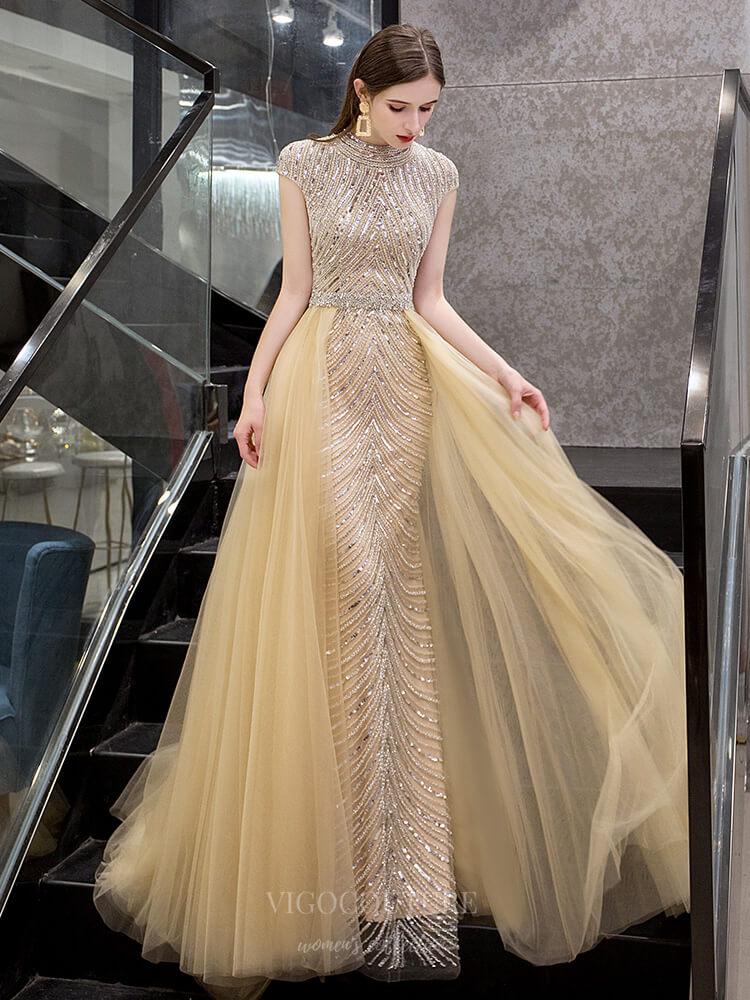 Prom Dress 2025 Mermaid High Neck Beaded Prom Dress 20688-unique elegant Prom Dresses-Champagne-US2-vigocouture