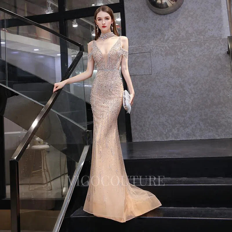 Prom Dress 2025 Mermaid High Neck Prom Dresses Beaded Evening Dresses 20079-unique elegant Prom Dresses-Champagne-US2-vigocouture