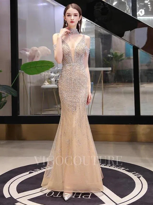 Prom Dress 2025 Mermaid High Neck Prom Dresses Beaded Evening Dresses 20079-unique elegant Prom Dresses-Champagne-US2-vigocouture