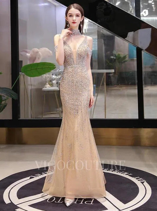 Prom Dress 2025 Mermaid High Neck Prom Dresses Beaded Evening Dresses 20079-unique elegant Prom Dresses-Champagne-US2-vigocouture