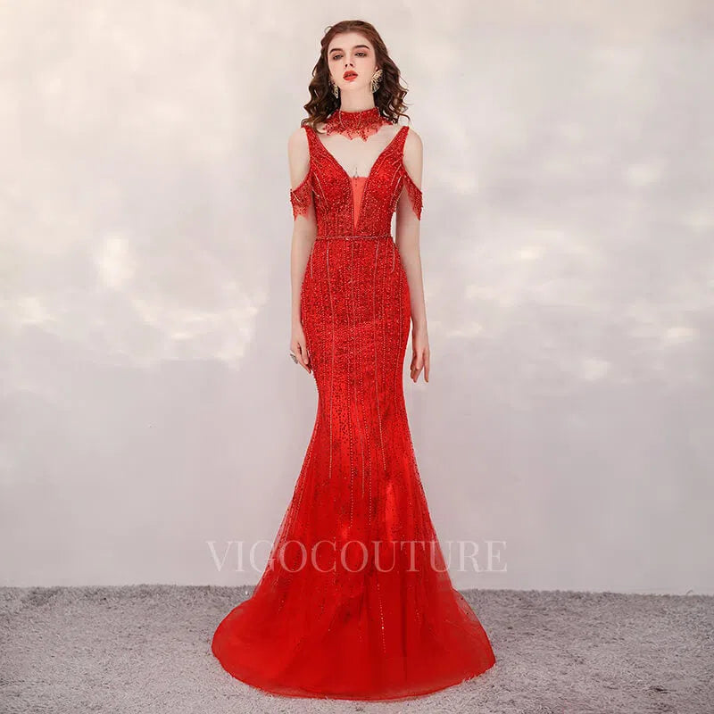 Prom Dress 2025 Mermaid High Neck Prom Dresses Beaded Evening Dresses 20079-unique elegant Prom Dresses-Red-US2-vigocouture